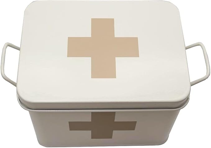 Metal First Aid Medicine Storage Box|Vintage Medical Organizer with Handle|Home Emergency Kit|8.5x6x6.25 Inches