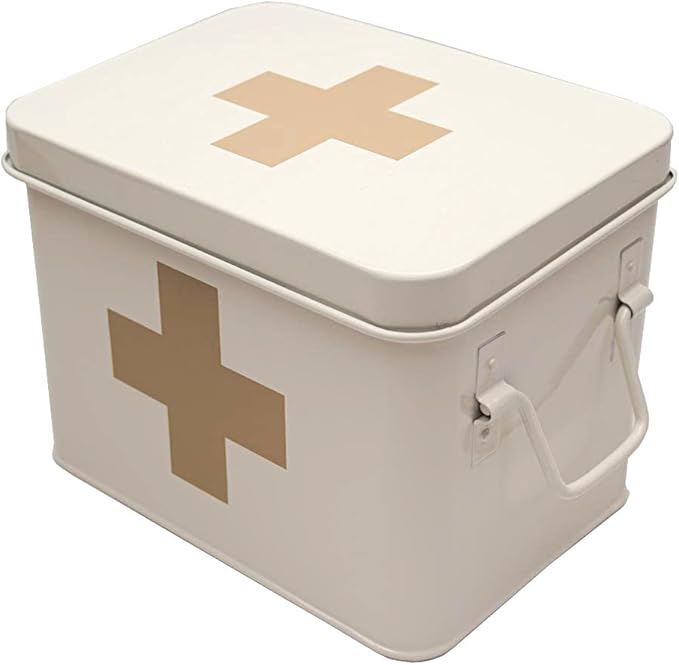 Metal First Aid Medicine Storage Box|Vintage Medical Organizer with Handle|Home Emergency Kit|8.5x6x6.25 Inches