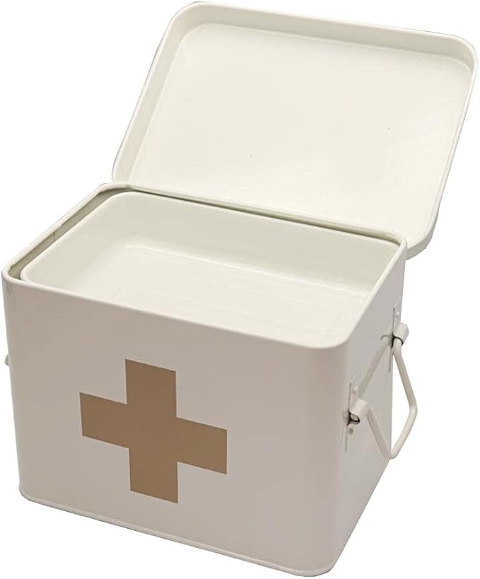 Metal First Aid Medicine Storage Box|Vintage Medical Organizer with Handle|Home Emergency Kit|8.5x6x6.25 Inches