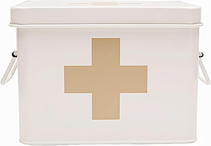 Metal First Aid Medicine Storage Box|Vintage Medical Organizer with Handle|Home Emergency Kit|8.5x6x6.25 Inches