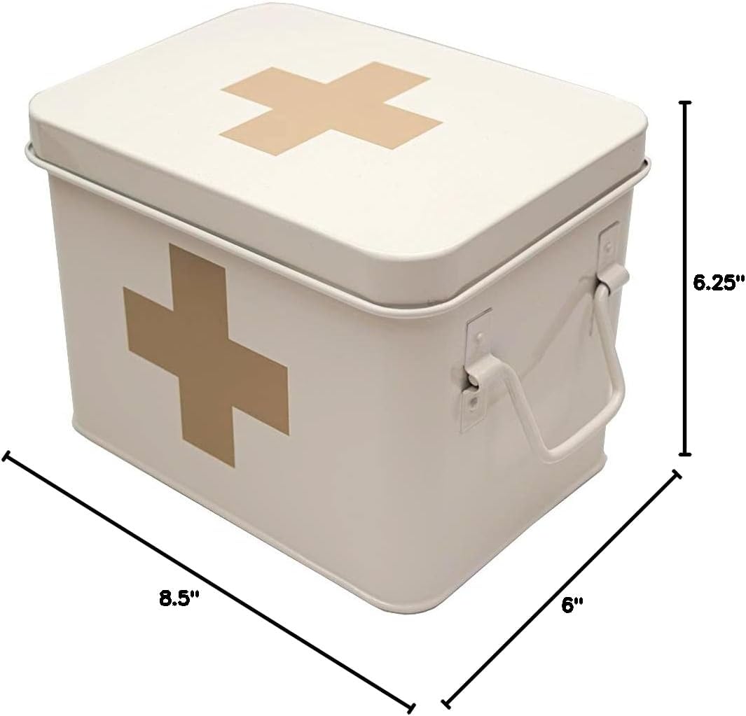 Metal First Aid Medicine Storage Box|Vintage Medical Organizer with Handle|Home Emergency Kit|8.5x6x6.25 Inches