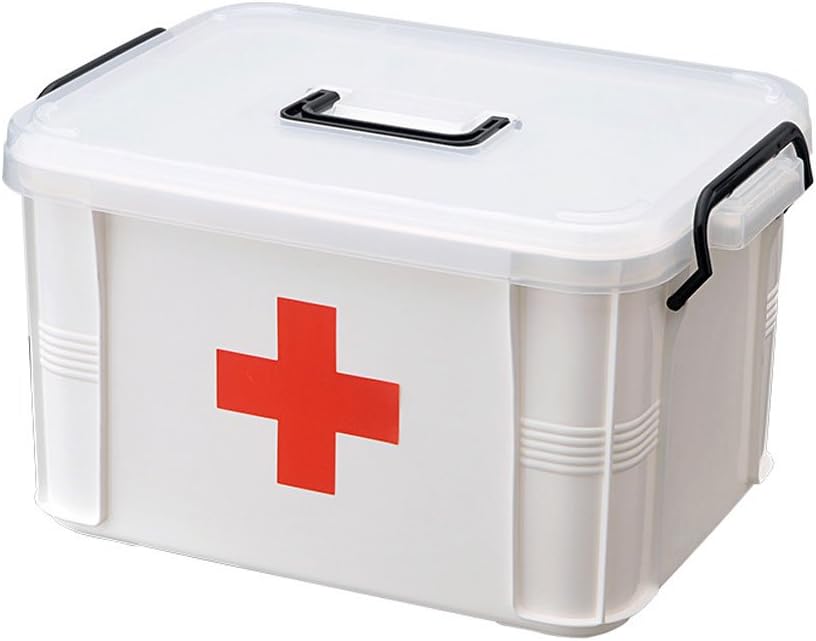 Large First Aid Storage Box – Portable Medical Organizer with Locking Lid and Red Cross Label – Durable Plastic Emergency Medicine Container (White)