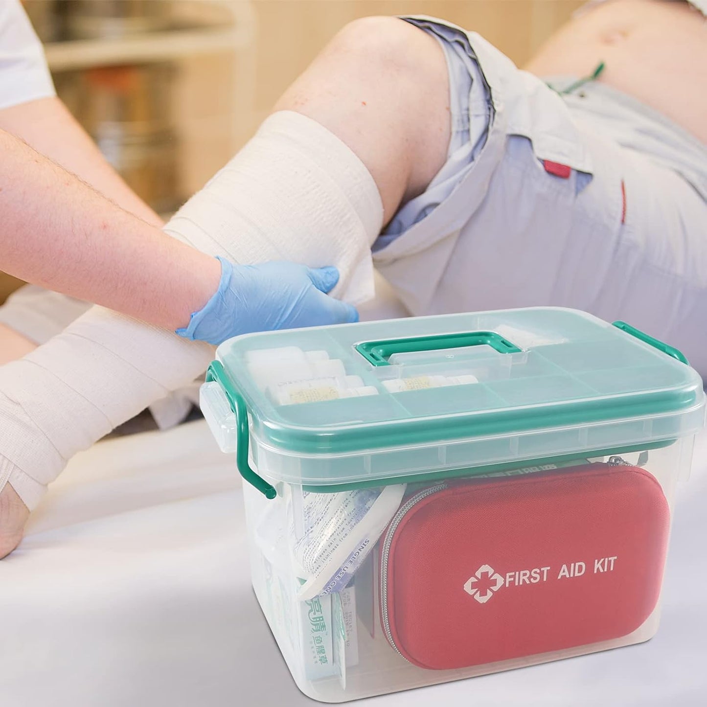 Large Clear Plastic Medicine Organizer Box|Portable Medical Storage Bin with Handle and Locking Lid|Multi-Compartment First Aid Container|13.15 x 9.33 x 7.79 Inches