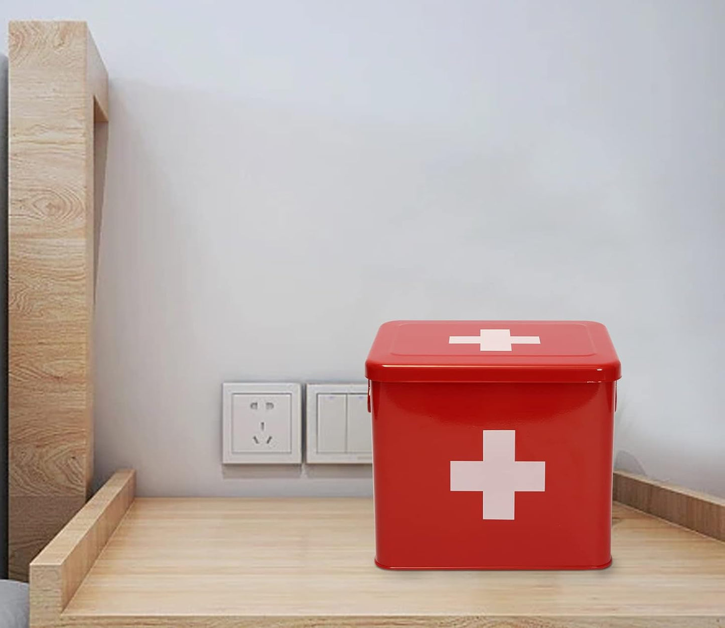 Red Metal First Aid Medicine Storage Box|Large Capacity Iron Medical Organizer|Classic Cross Symbol|9.2 x 7.2 x 7 Inches