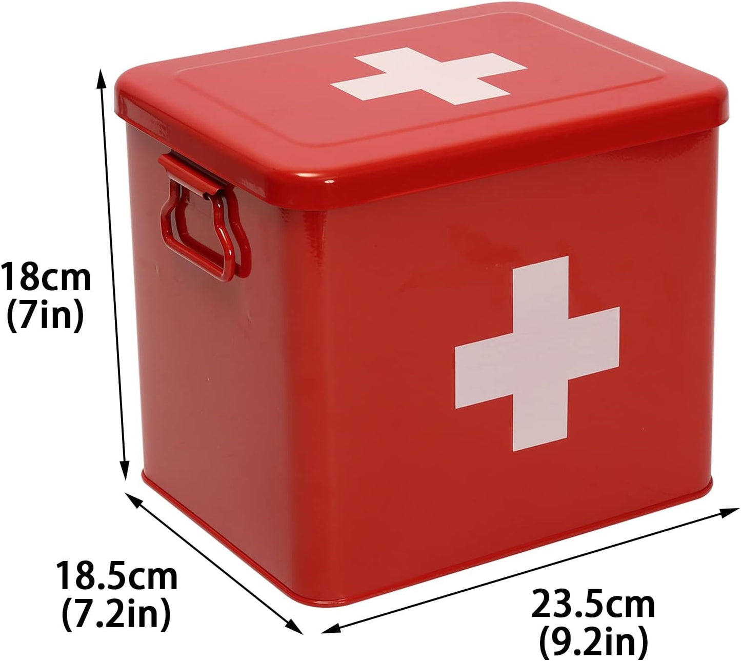 Red Metal First Aid Medicine Storage Box|Large Capacity Iron Medical Organizer|Classic Cross Symbol|9.2 x 7.2 x 7 Inches