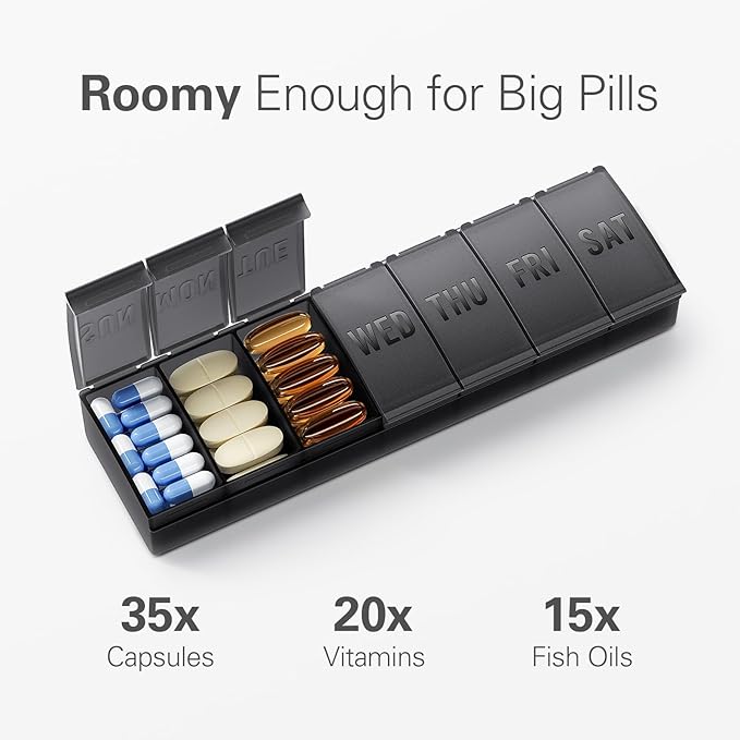 Large Capacity Portable Weekly Pill Organizer with 3 Compartments per Day|Black Travel Medicine Storage Box