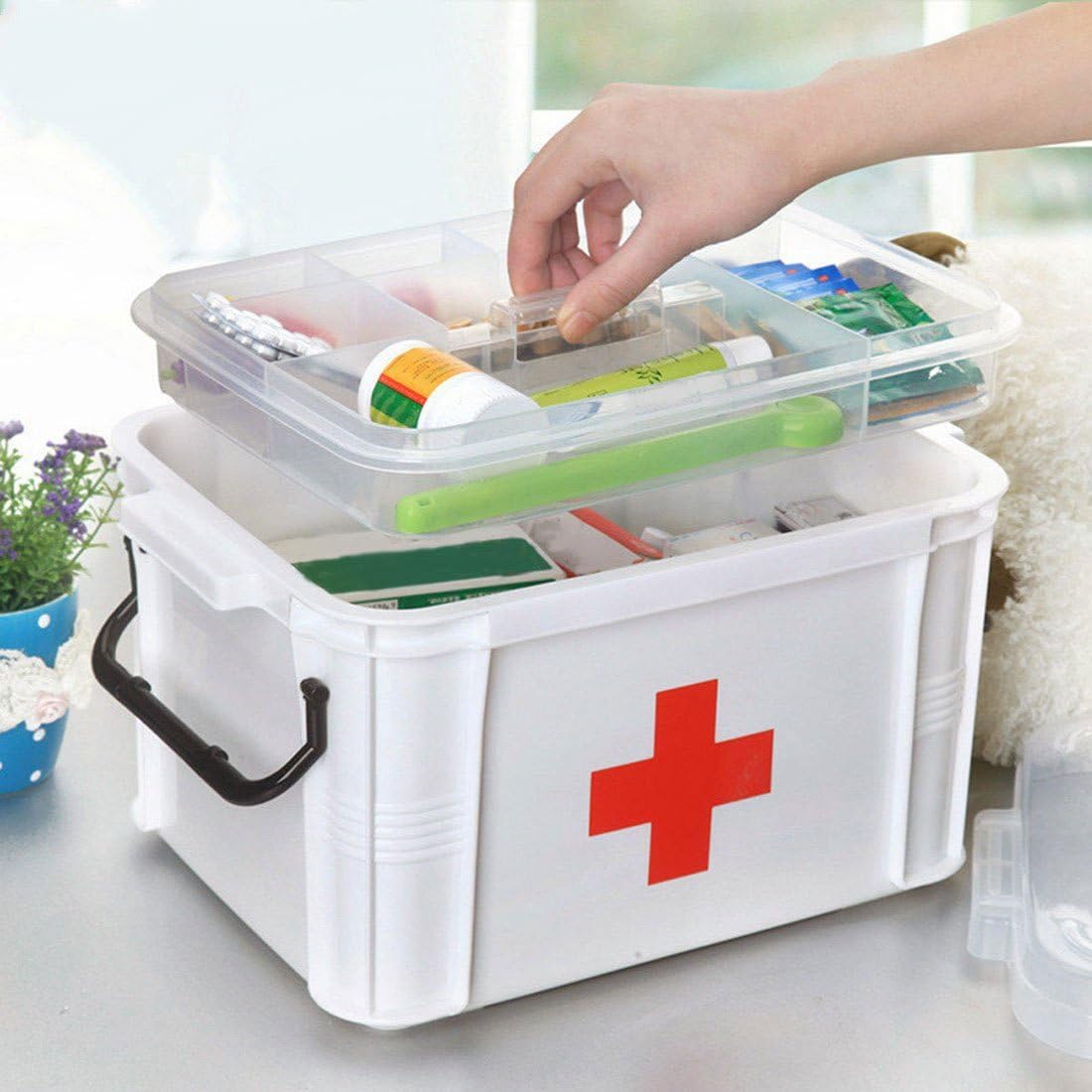Large First Aid Storage Box – Portable Medical Organizer with Locking Lid and Red Cross Label – Durable Plastic Emergency Medicine Container (White)
