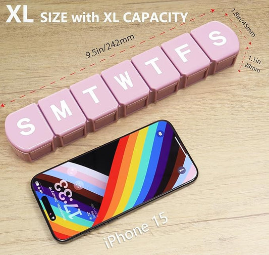 Extra-Large Weekly Pill Organizer|7-Day Travel Pill Case with Daily Compartments|Large Capacity Vitamin & Medicine Storage|Pink