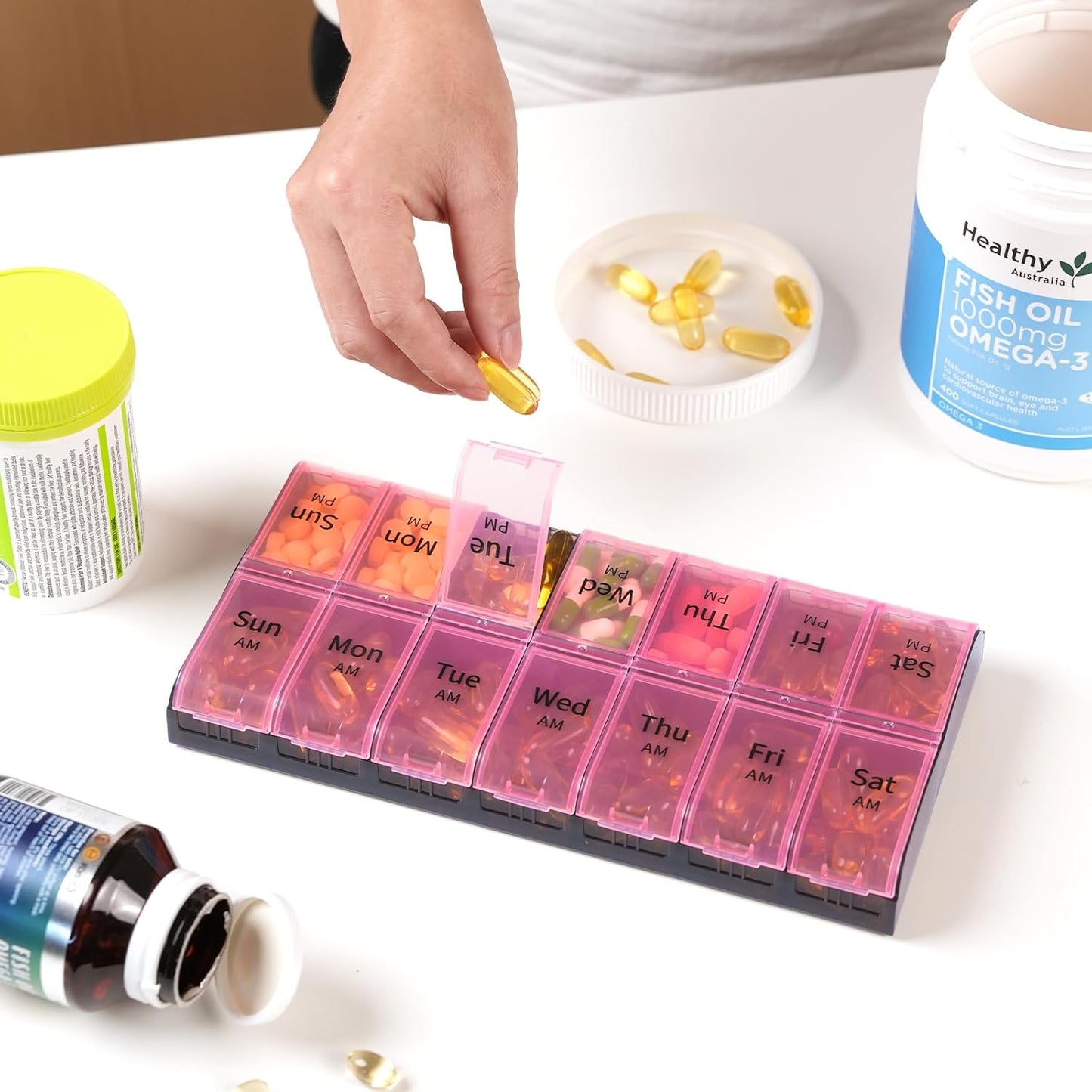 Pink Weekly AM/PM Pill Organizer|14 Large Compartments for Vitamins & Medications|Double-Row Daily Supplement Box|Portable 9.4" Pill Case