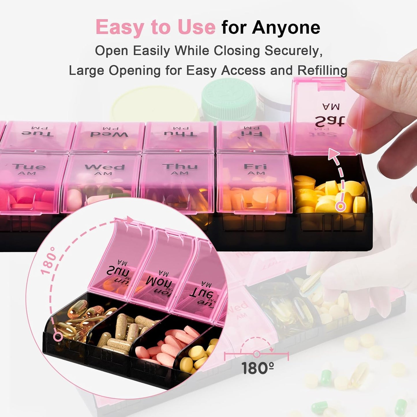 Pink Weekly AM/PM Pill Organizer|14 Large Compartments for Vitamins & Medications|Double-Row Daily Supplement Box|Portable 9.4" Pill Case