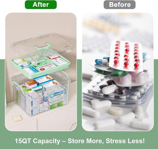 Large Capacity Medicine Storage Box – Multi-Compartment First Aid Organizer with Tray – Plastic Medical Container for Home & Office (13 x 9.25 x 7.48 Inches, Green)