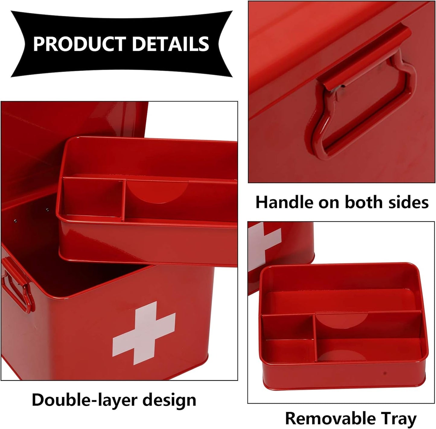 Red Metal First Aid Medicine Storage Box|Large Capacity Iron Medical Organizer|Classic Cross Symbol|9.2 x 7.2 x 7 Inches