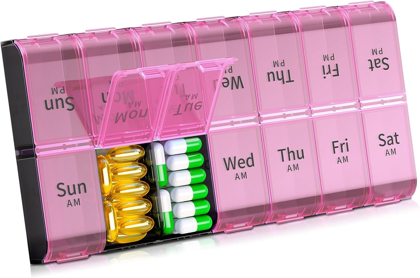 Pink Weekly AM/PM Pill Organizer|14 Large Compartments for Vitamins & Medications|Double-Row Daily Supplement Box|Portable 9.4" Pill Case