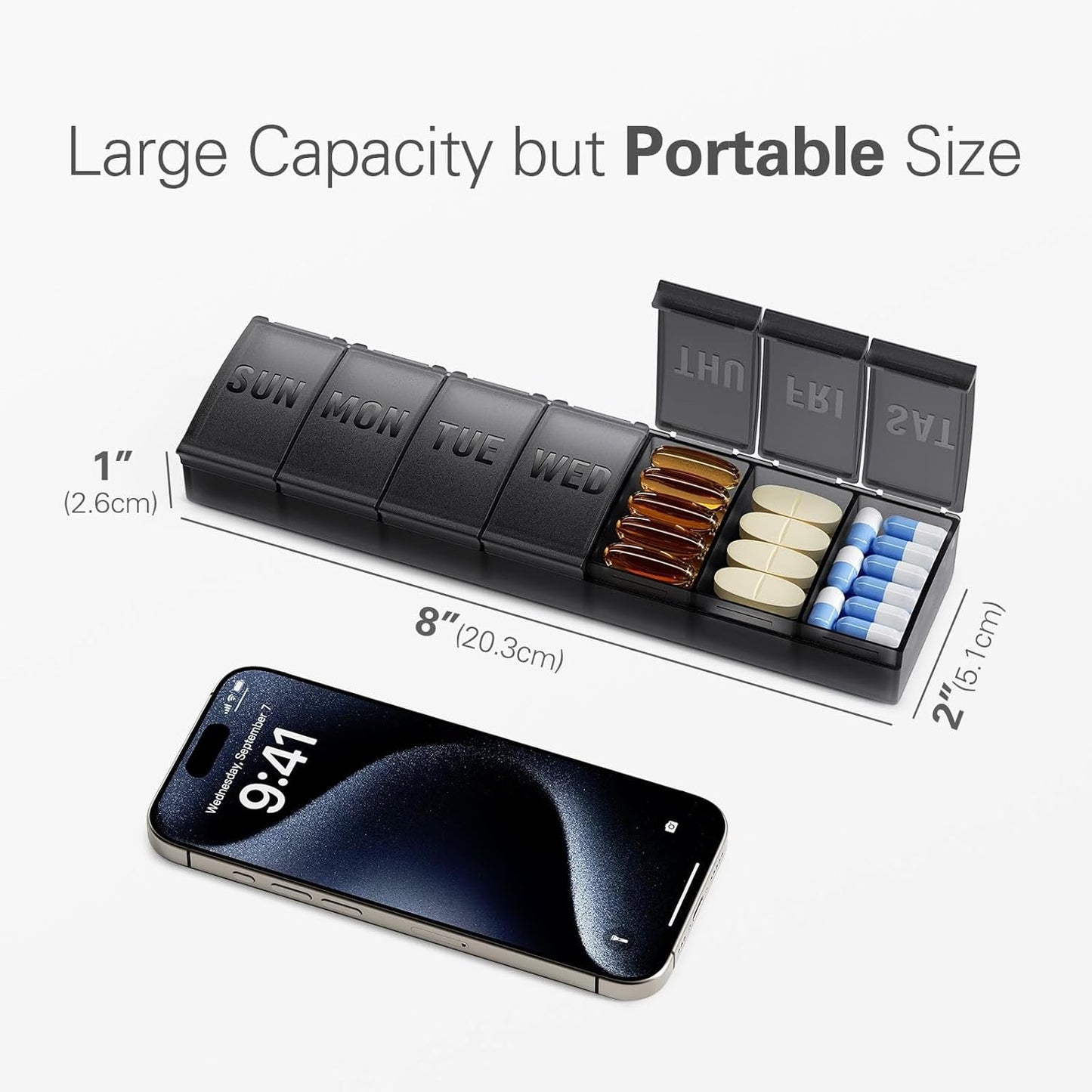 Large Capacity Portable Weekly Pill Organizer with 3 Compartments per Day|Black Travel Medicine Storage Box