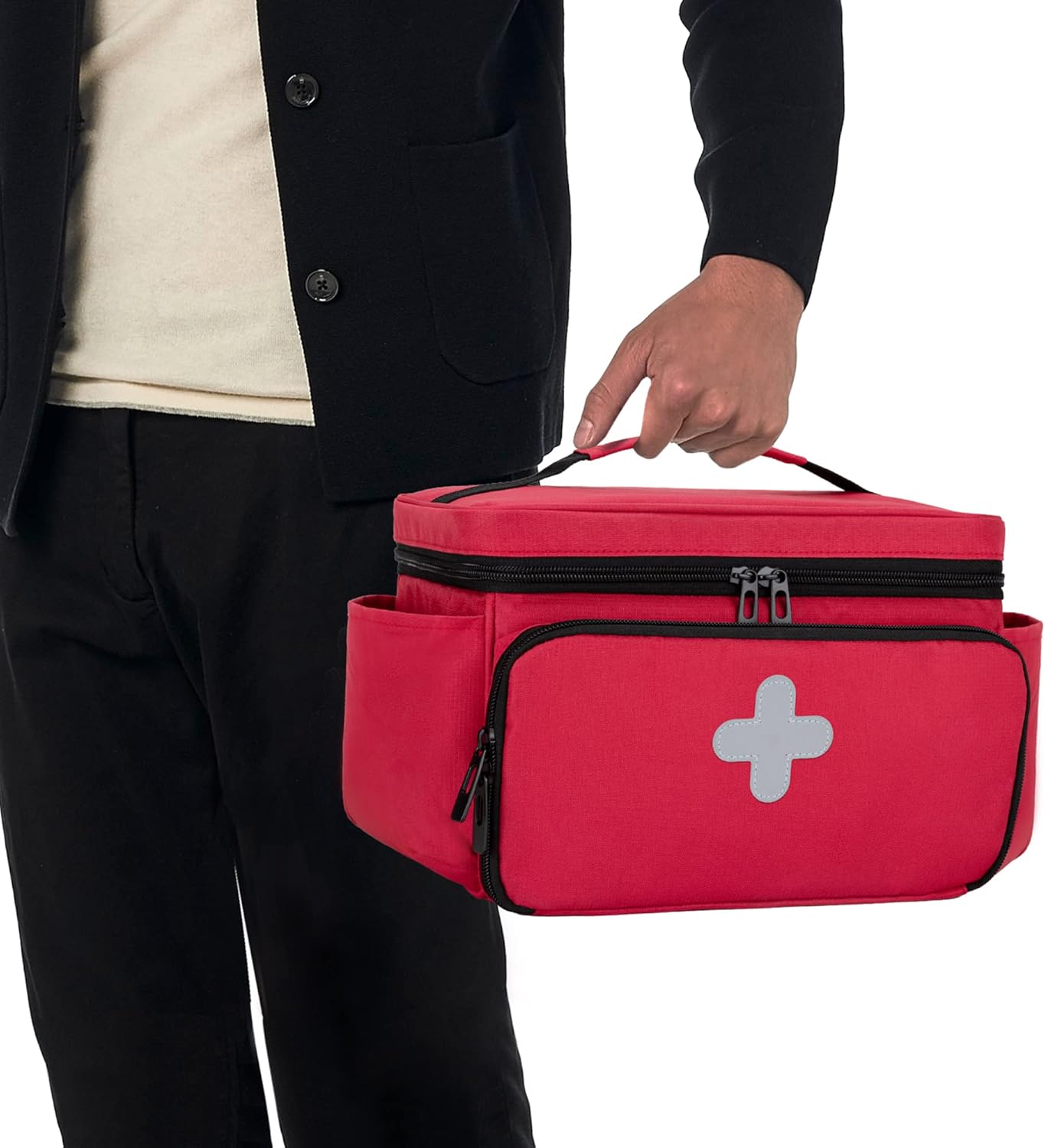 Large Capacity Portable First Aid Bag|Medical Travel Organizer with Handle|Water-Resistant Fabric Emergency Kit Bag|Red