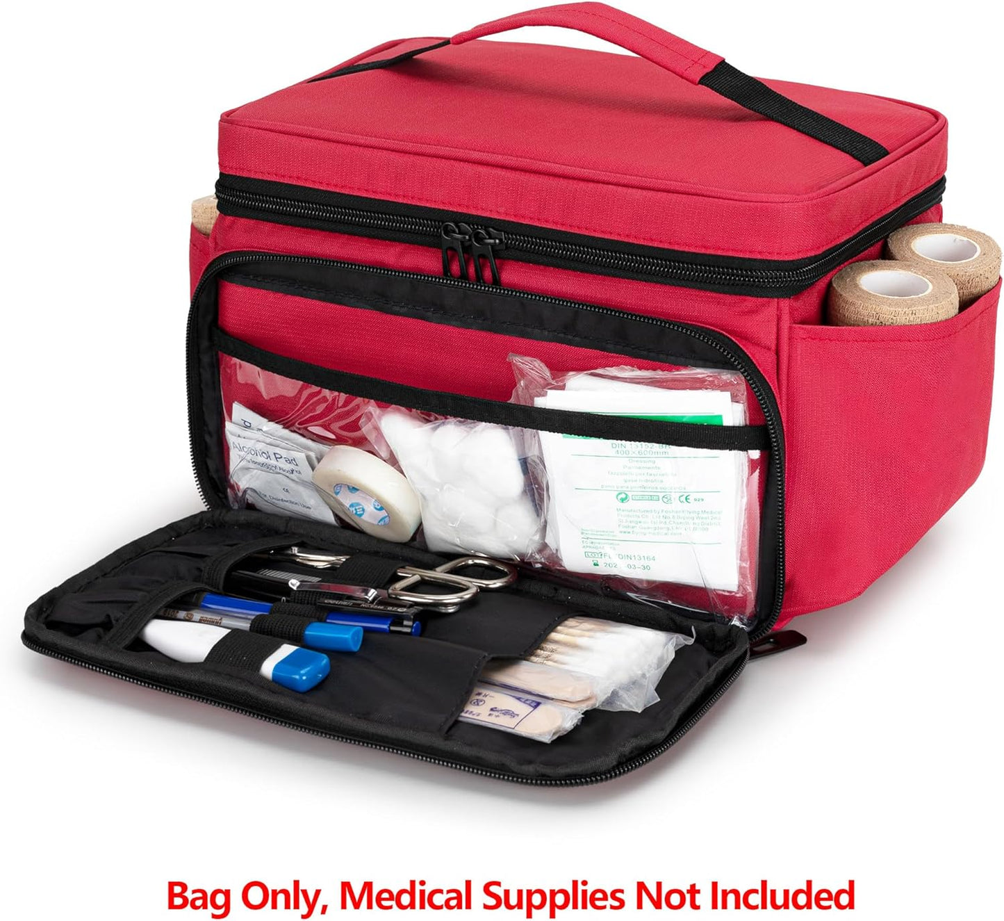 Large Capacity Portable First Aid Bag|Medical Travel Organizer with Handle|Water-Resistant Fabric Emergency Kit Bag|Red