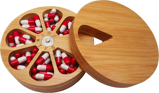 Bamboo 7-Day Rotating Pill Organizer|Eco-Friendly Wooden Weekly Pill Box|Round Capsule Storage with Slide-Out Daily Access