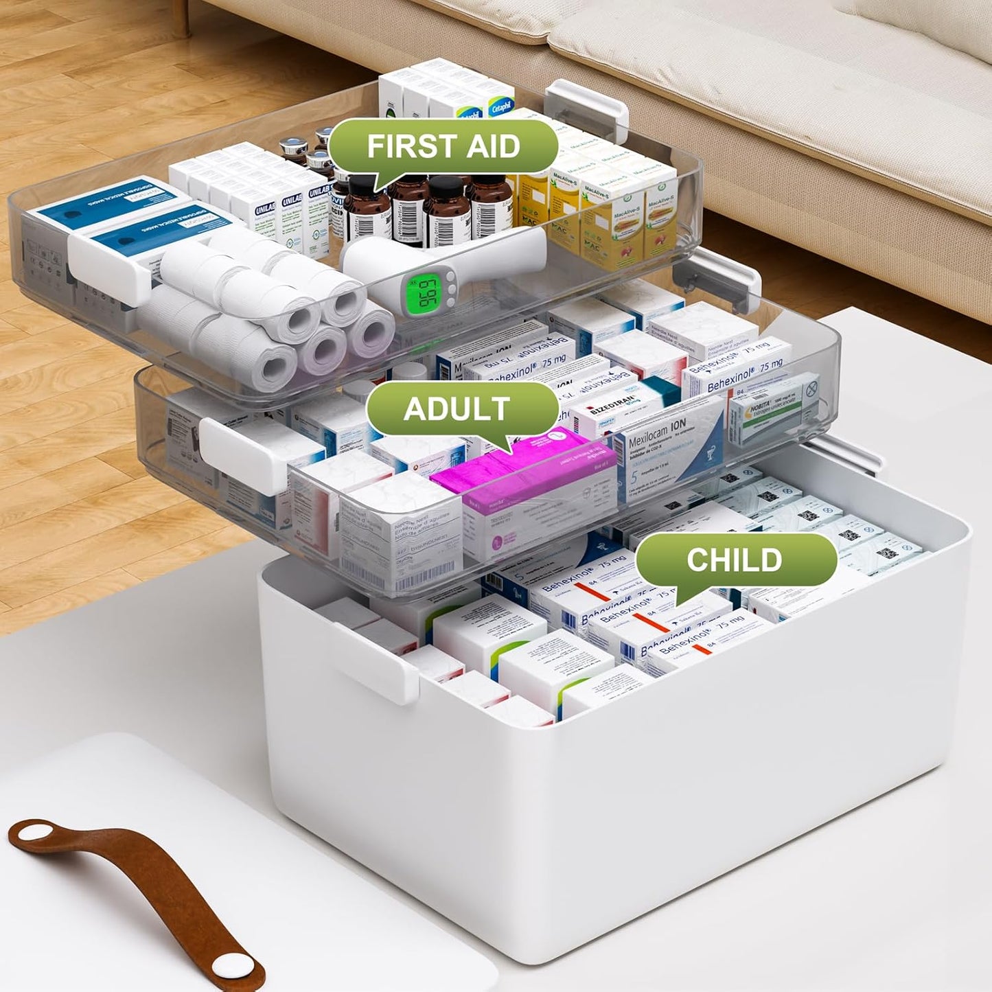 Large Capacity Multi-Layer Medicine Organizer Box|Home First Aid Kit Storage|Drawer Design with Handle|White