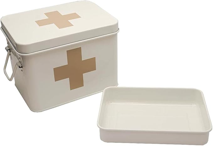 Metal First Aid Medicine Storage Box｜Vintage Medical Organizer with Handle｜Home Emergency Kit｜8.5x6x6.25 Inches