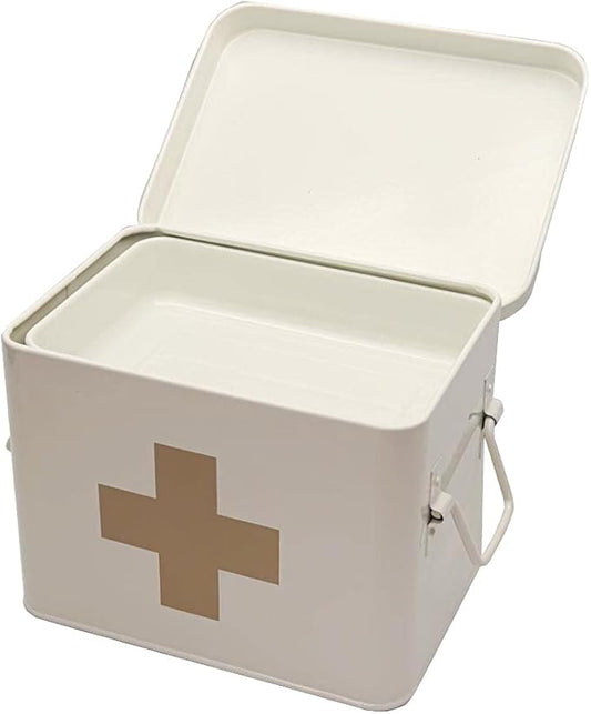 Metal First Aid Medicine Storage Box｜Vintage Medical Organizer with Handle｜Home Emergency Kit｜8.5x6x6.25 Inches