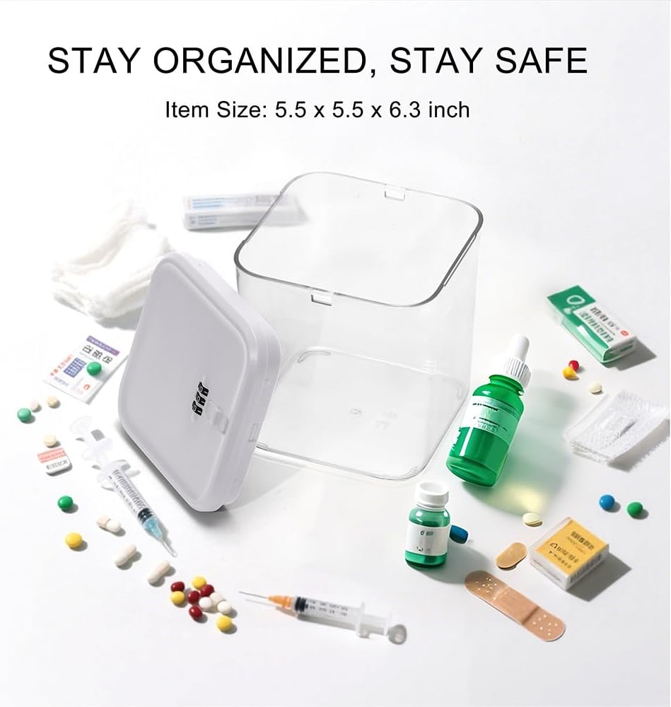 Clear Medicine Storage Box with Combination Lock｜Secure Pill Organizer for Home｜Compact Lockable Medical Container｜5.5 x 5.5 x 6.3 Inches