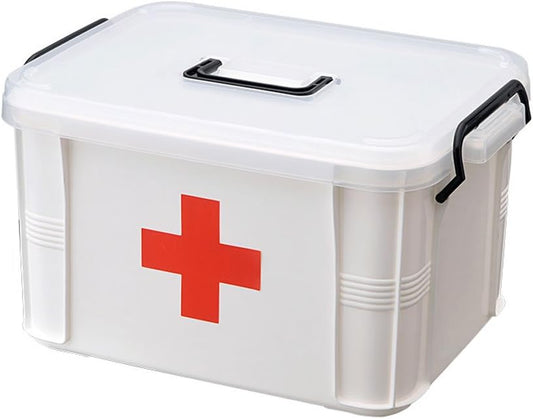 Large First Aid Storage Box – Portable Medical Organizer with Locking Lid and Red Cross Label – Durable Plastic Emergency Medicine Container (White)
