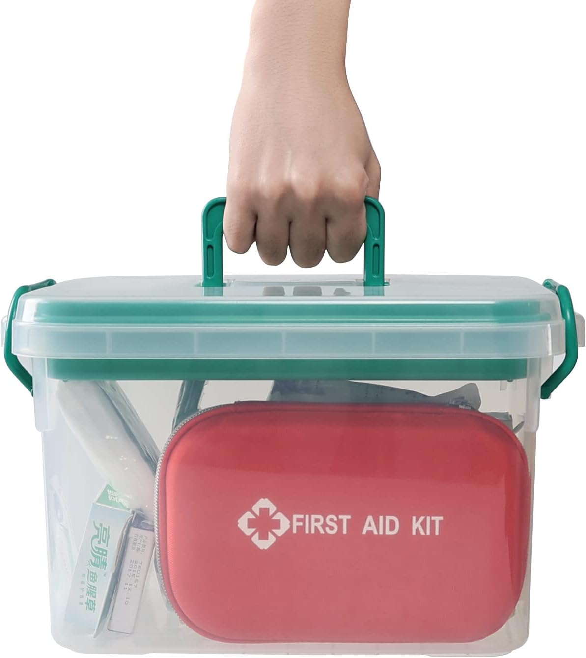 Large Clear Plastic Medicine Organizer Box｜Portable Medical Storage Bin with Handle and Locking Lid｜Multi-Compartment First Aid Container｜13.15 x 9.33 x 7.79 Inches
