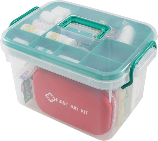 Large Clear Plastic Medicine Organizer Box｜Portable Medical Storage Bin with Handle and Locking Lid｜Multi-Compartment First Aid Container｜13.15 x 9.33 x 7.79 Inches