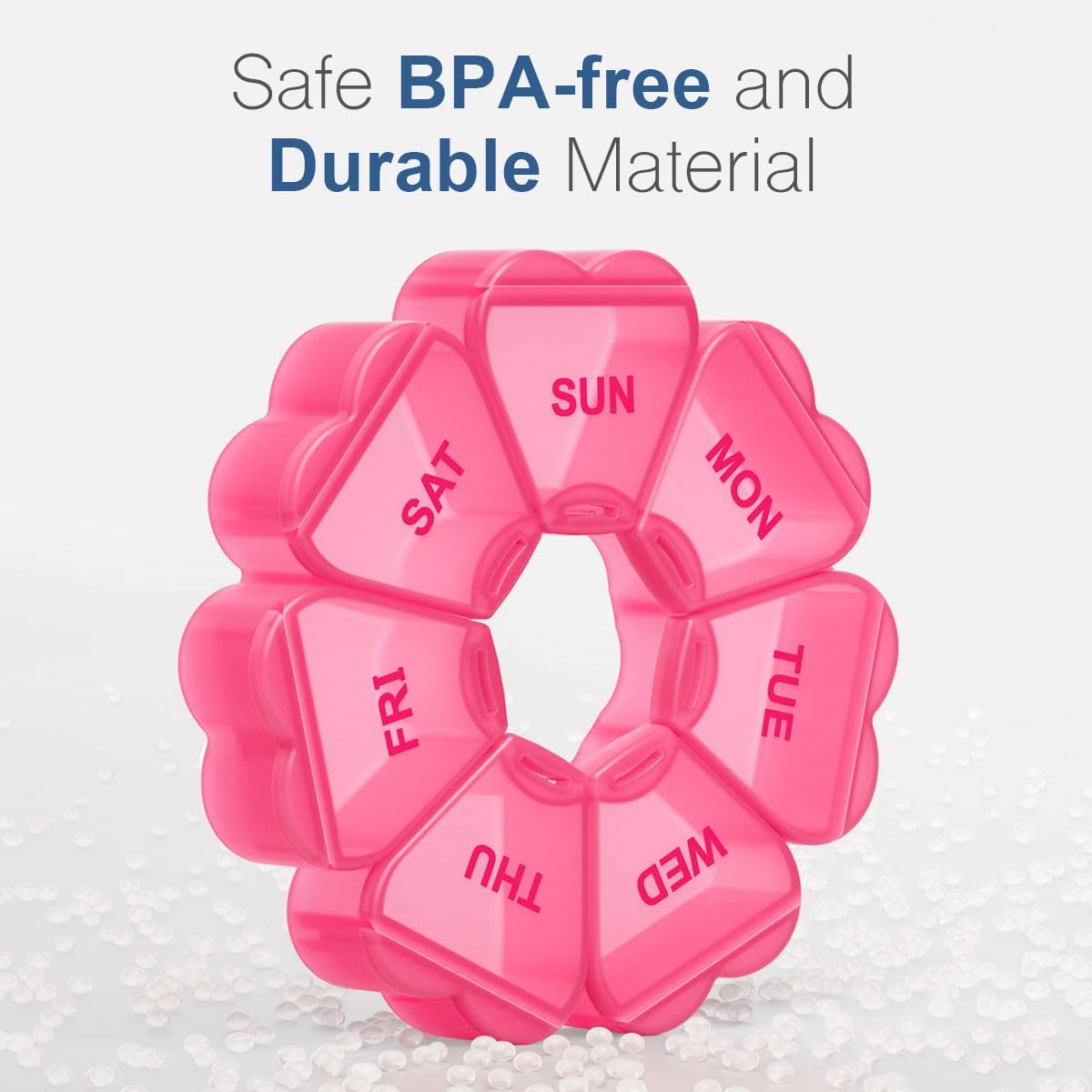Heart-Shaped Weekly Pill Organizer｜7-Day Round Travel Pill Case｜Rotatable Compact Medicine Box｜Pink