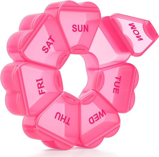 Heart-Shaped Weekly Pill Organizer｜7-Day Round Travel Pill Case｜Rotatable Compact Medicine Box｜Pink
