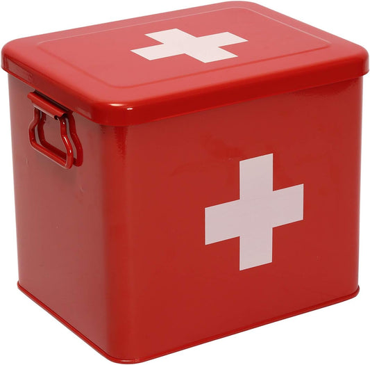 Red Metal First Aid Medicine Storage Box｜Large Capacity Iron Medical Organizer｜Classic Cross Symbol｜9.2 x 7.2 x 7 Inches