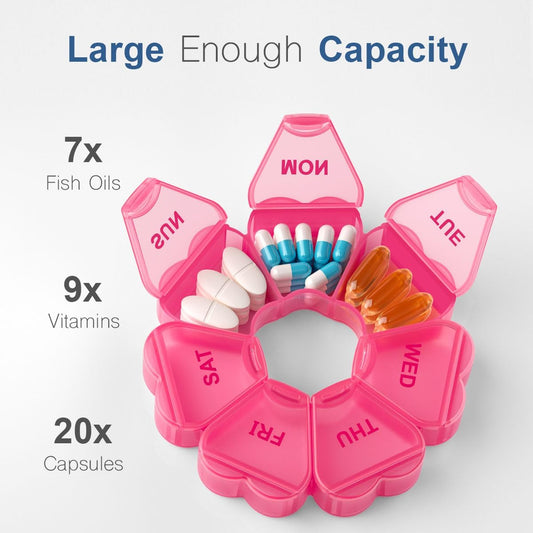 Heart-Shaped Weekly Pill Organizer｜7-Day Round Travel Pill Case｜Rotatable Compact Medicine Box｜Pink