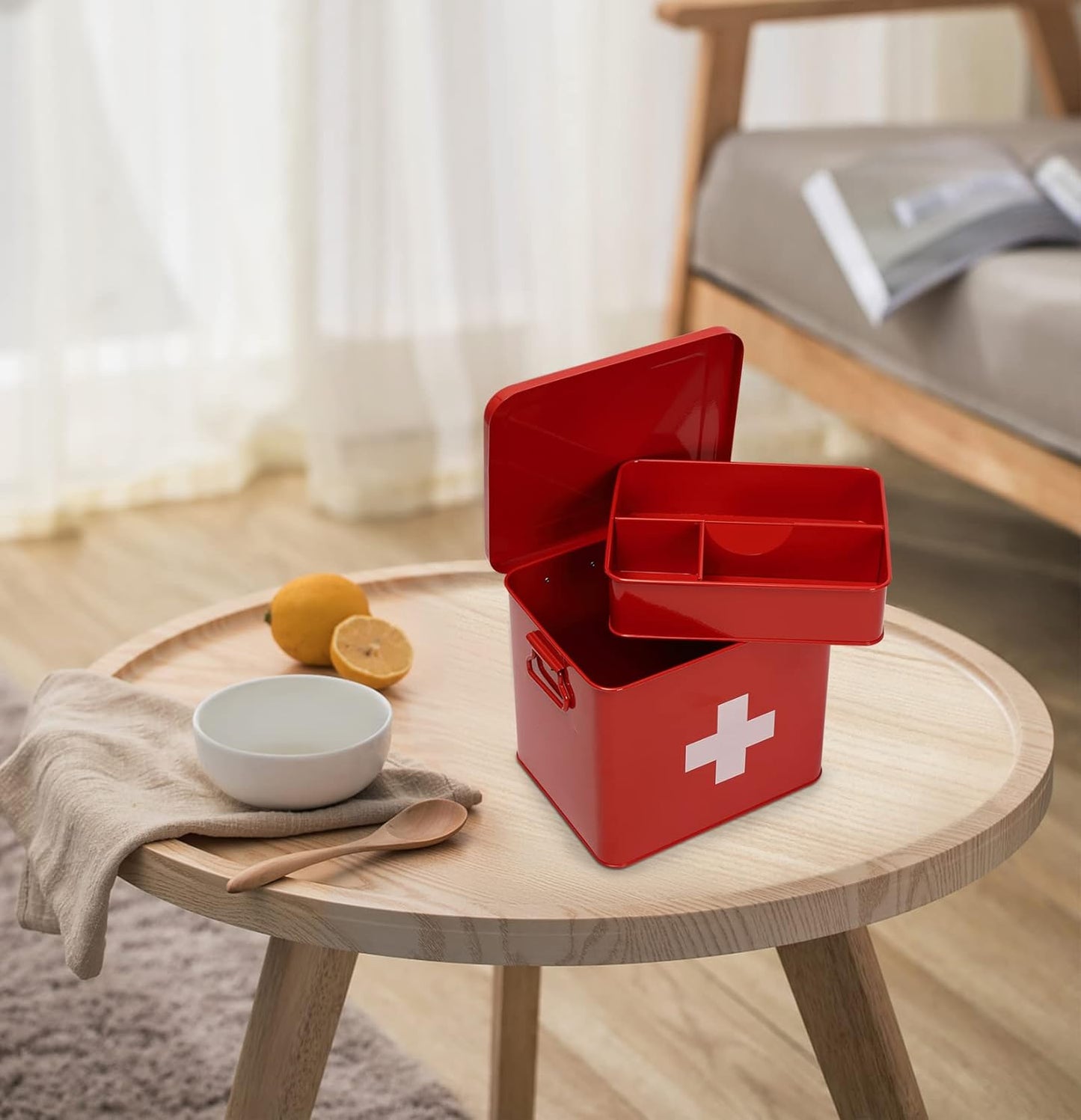 Red Metal First Aid Medicine Storage Box｜Large Capacity Iron Medical Organizer｜Classic Cross Symbol｜9.2 x 7.2 x 7 Inches
