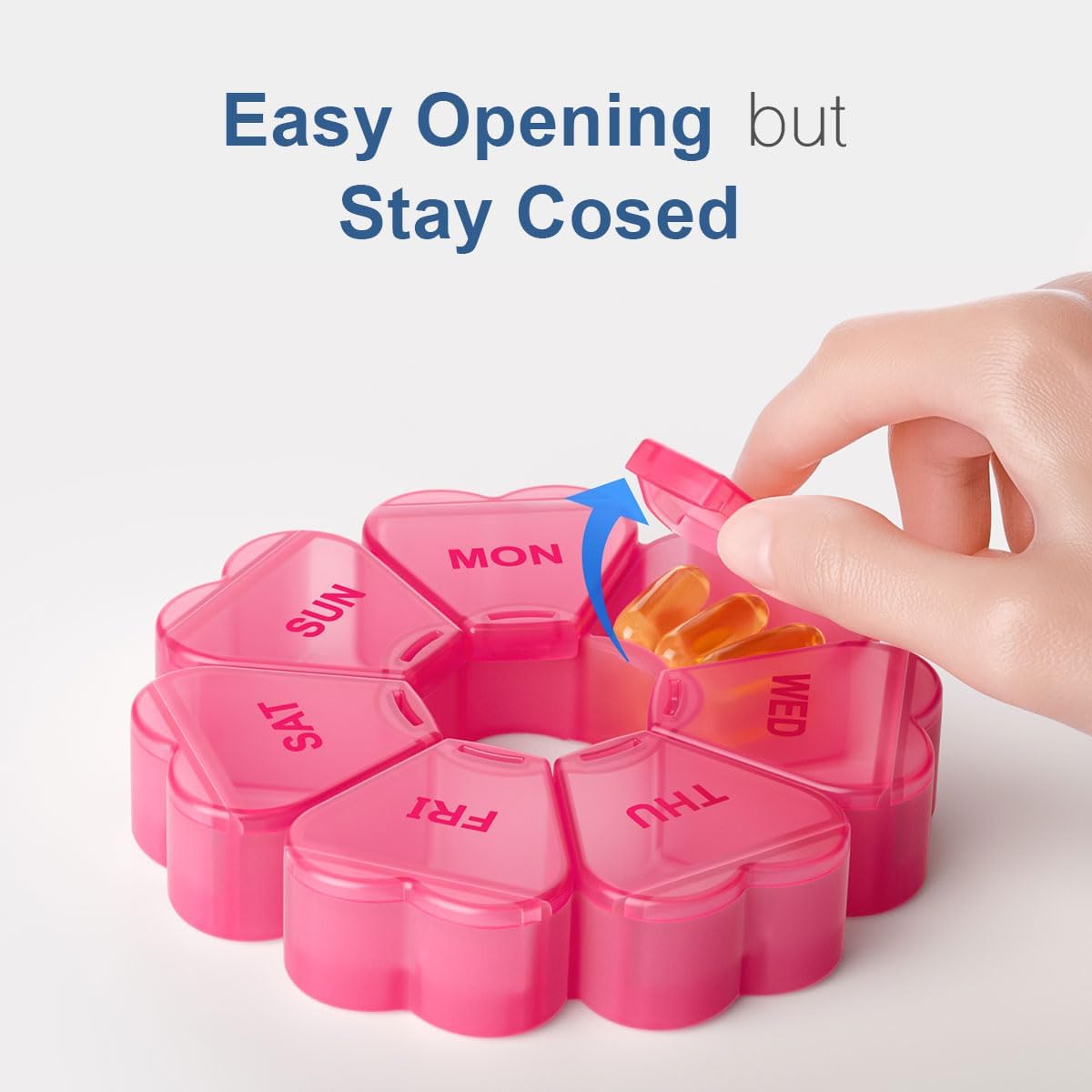 Heart-Shaped Weekly Pill Organizer｜7-Day Round Travel Pill Case｜Rotatable Compact Medicine Box｜Pink