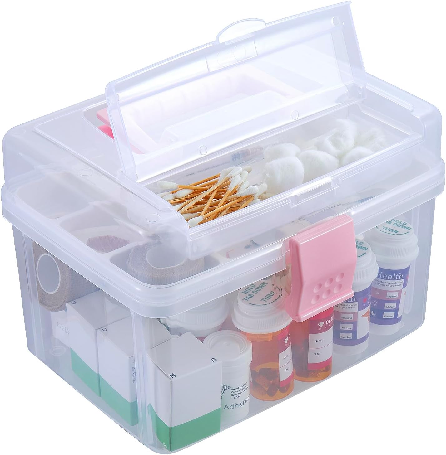 Portable Clear Plastic Medicine Organizer Box｜First Aid Storage with Handle and Locking Lid｜10 x 7.5 x 7 Inches