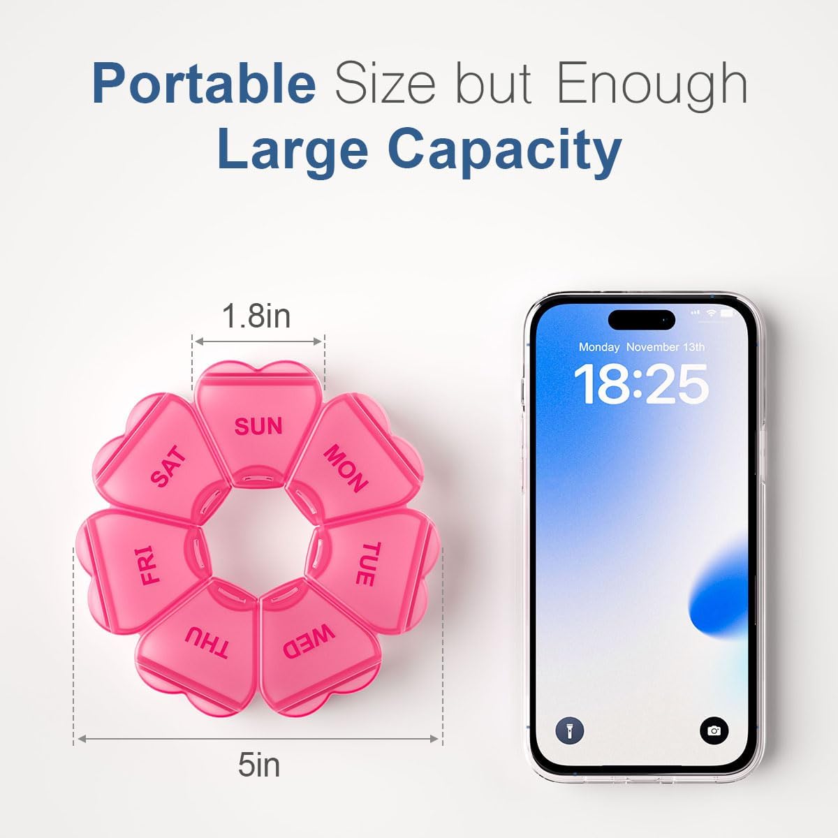 Heart-Shaped Weekly Pill Organizer｜7-Day Round Travel Pill Case｜Rotatable Compact Medicine Box｜Pink