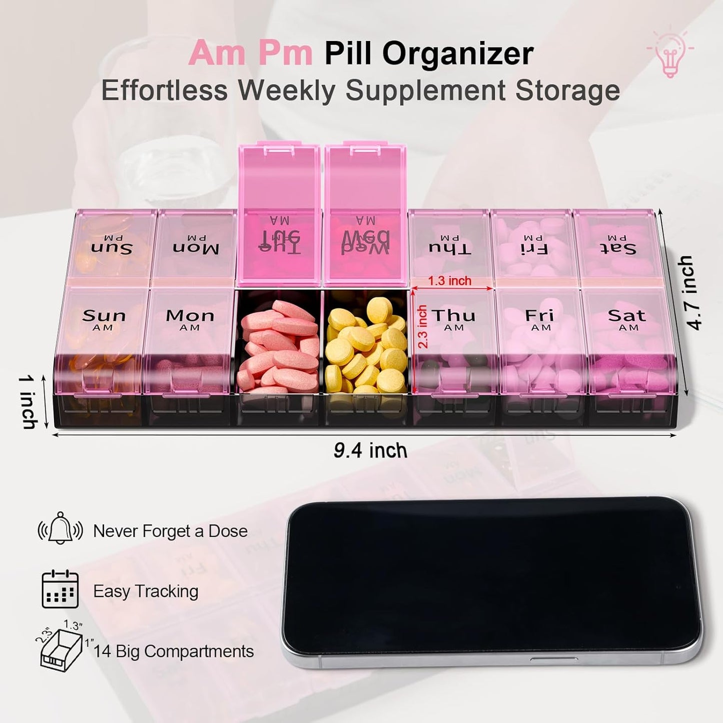 Pink Weekly AM/PM Pill Organizer｜14 Large Compartments for Vitamins & Medications｜Double-Row Daily Supplement Box｜Portable 9.4" Pill Case