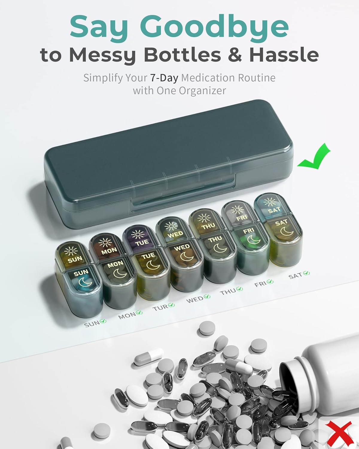 7-Day AM/PM Pill Organizer with Case｜Dual-Compartment Travel Medicine Box｜Compact Weekly Vitamin Storage｜Portable with Protective Outer Shell