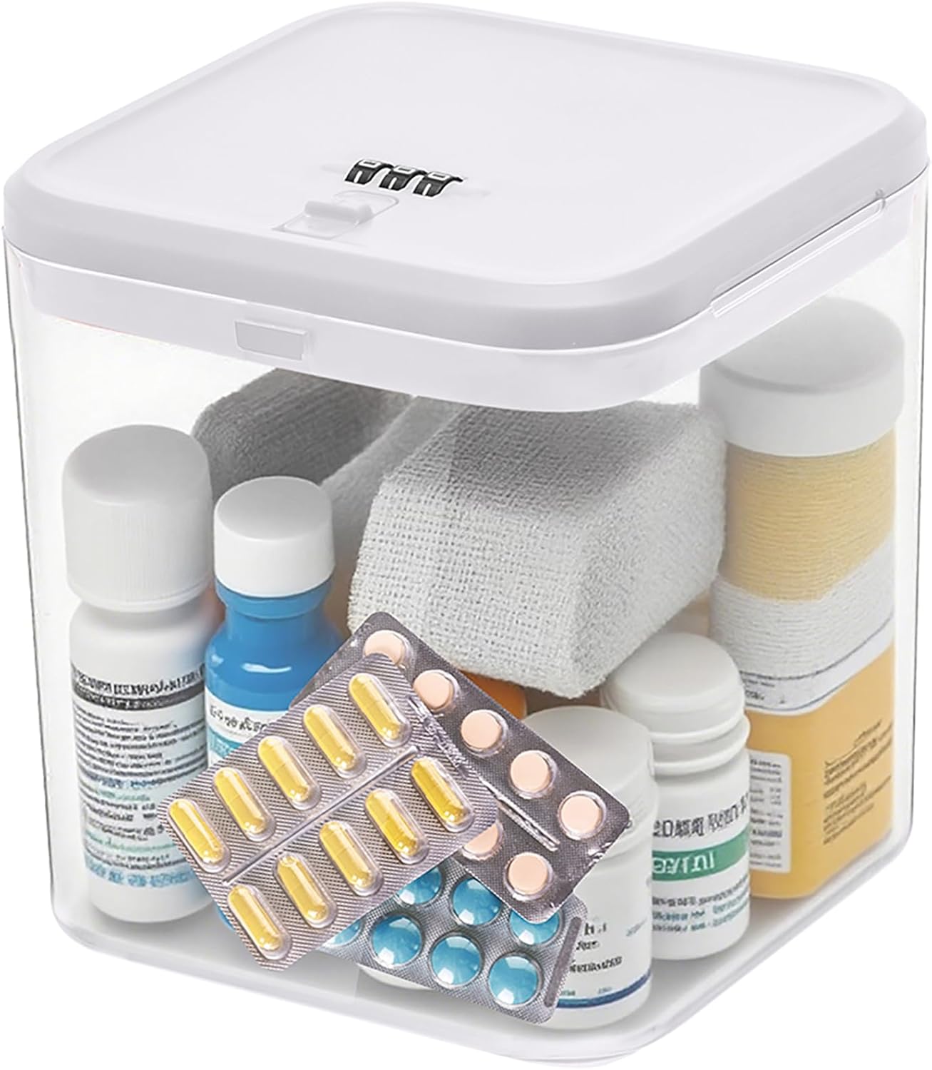 Clear Medicine Storage Box with Combination Lock｜Secure Pill Organizer for Home｜Compact Lockable Medical Container｜5.5 x 5.5 x 6.3 Inches