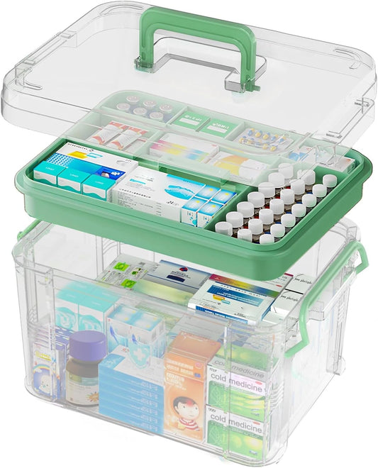 Large Capacity Medicine Storage Box – Multi-Compartment First Aid Organizer with Tray – Plastic Medical Container for Home & Office (13 x 9.25 x 7.48 Inches, Green)