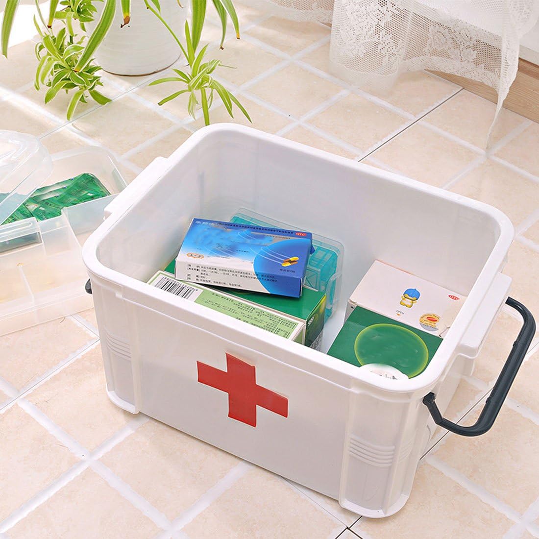 Large First Aid Storage Box – Portable Medical Organizer with Locking Lid and Red Cross Label – Durable Plastic Emergency Medicine Container (White)