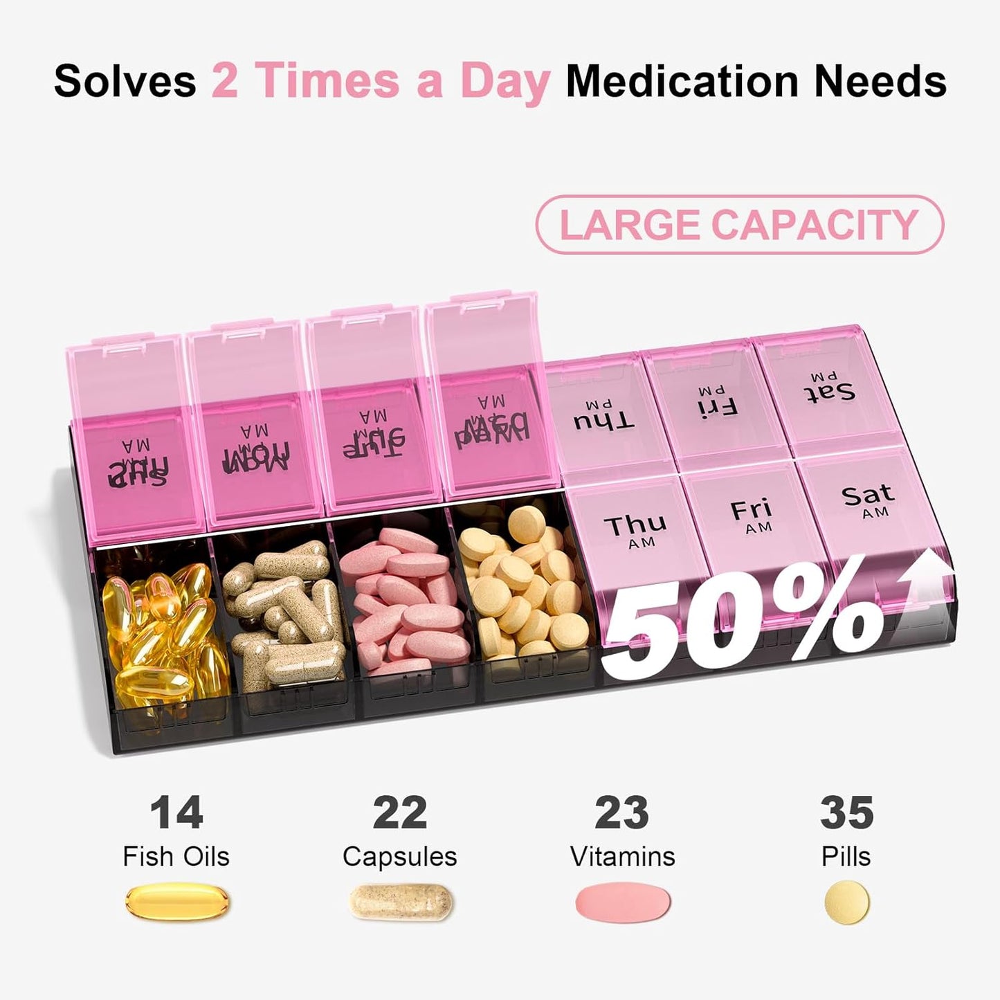 Pink Weekly AM/PM Pill Organizer｜14 Large Compartments for Vitamins & Medications｜Double-Row Daily Supplement Box｜Portable 9.4" Pill Case