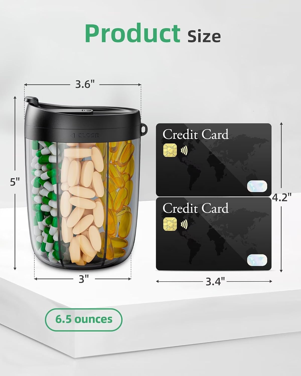 Portable Rotating Pill Organizer｜6-Compartment Supplement Storage Container｜Large Capacity Vitamin Capsule Holder｜Spill-Proof Travel Pill Box – 5 Inches Tall