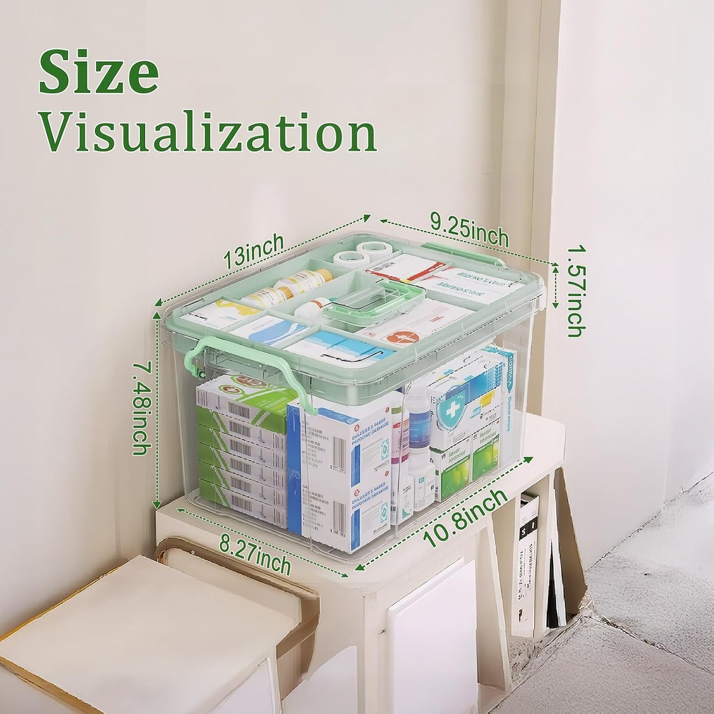 Large Capacity Medicine Storage Box – Multi-Compartment First Aid Organizer with Tray – Plastic Medical Container for Home & Office (13 x 9.25 x 7.48 Inches, Green)