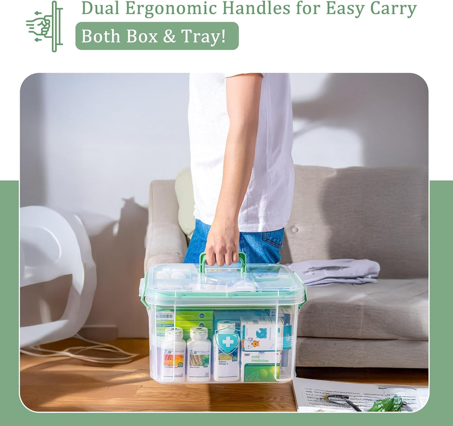 Large Capacity Medicine Storage Box – Multi-Compartment First Aid Organizer with Tray – Plastic Medical Container for Home & Office (13 x 9.25 x 7.48 Inches, Green)