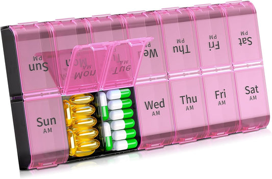Pink Weekly AM/PM Pill Organizer｜14 Large Compartments for Vitamins & Medications｜Double-Row Daily Supplement Box｜Portable 9.4" Pill Case