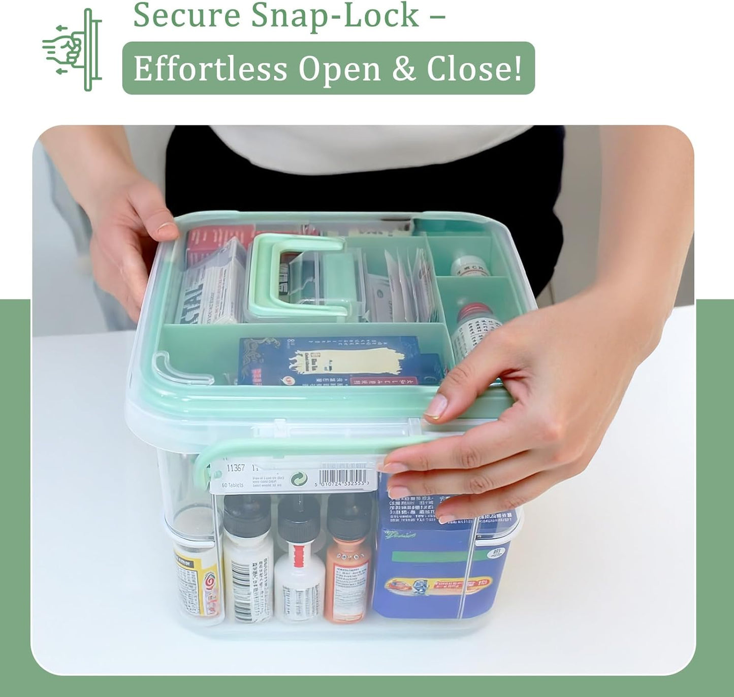 Large Capacity Medicine Storage Box – Multi-Compartment First Aid Organizer with Tray – Plastic Medical Container for Home & Office (13 x 9.25 x 7.48 Inches, Green)