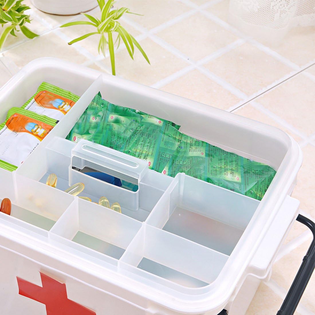 Large First Aid Storage Box – Portable Medical Organizer with Locking Lid and Red Cross Label – Durable Plastic Emergency Medicine Container (White)