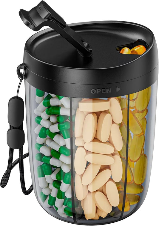 Portable Rotating Pill Organizer｜6-Compartment Supplement Storage Container｜Large Capacity Vitamin Capsule Holder｜Spill-Proof Travel Pill Box – 5 Inches Tall