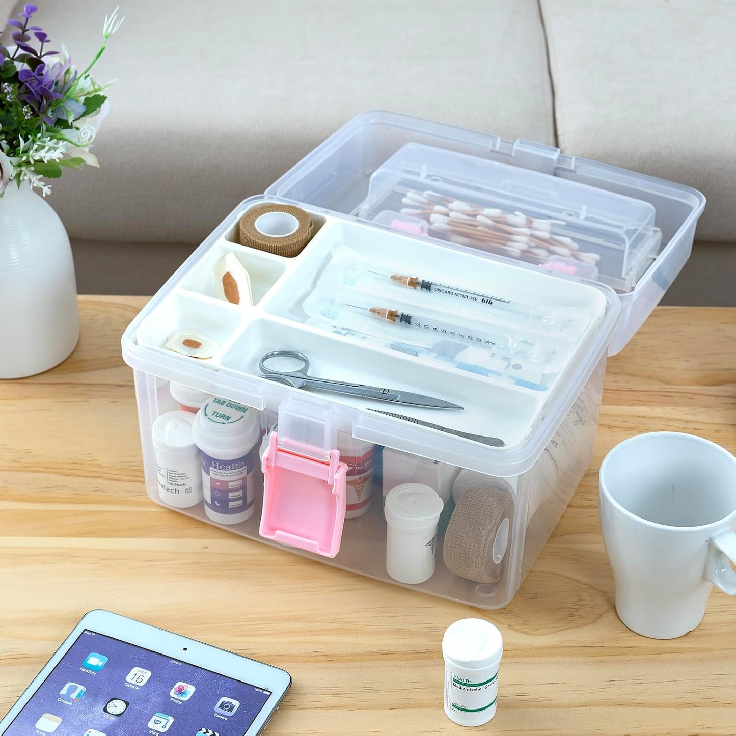 Portable Clear Plastic Medicine Organizer Box｜First Aid Storage with Handle and Locking Lid｜10 x 7.5 x 7 Inches